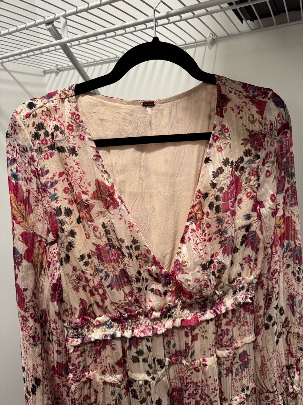 Free People Floral Print Smocked Waist Tiered Mini Dress, Size L - Picture 3 of 4